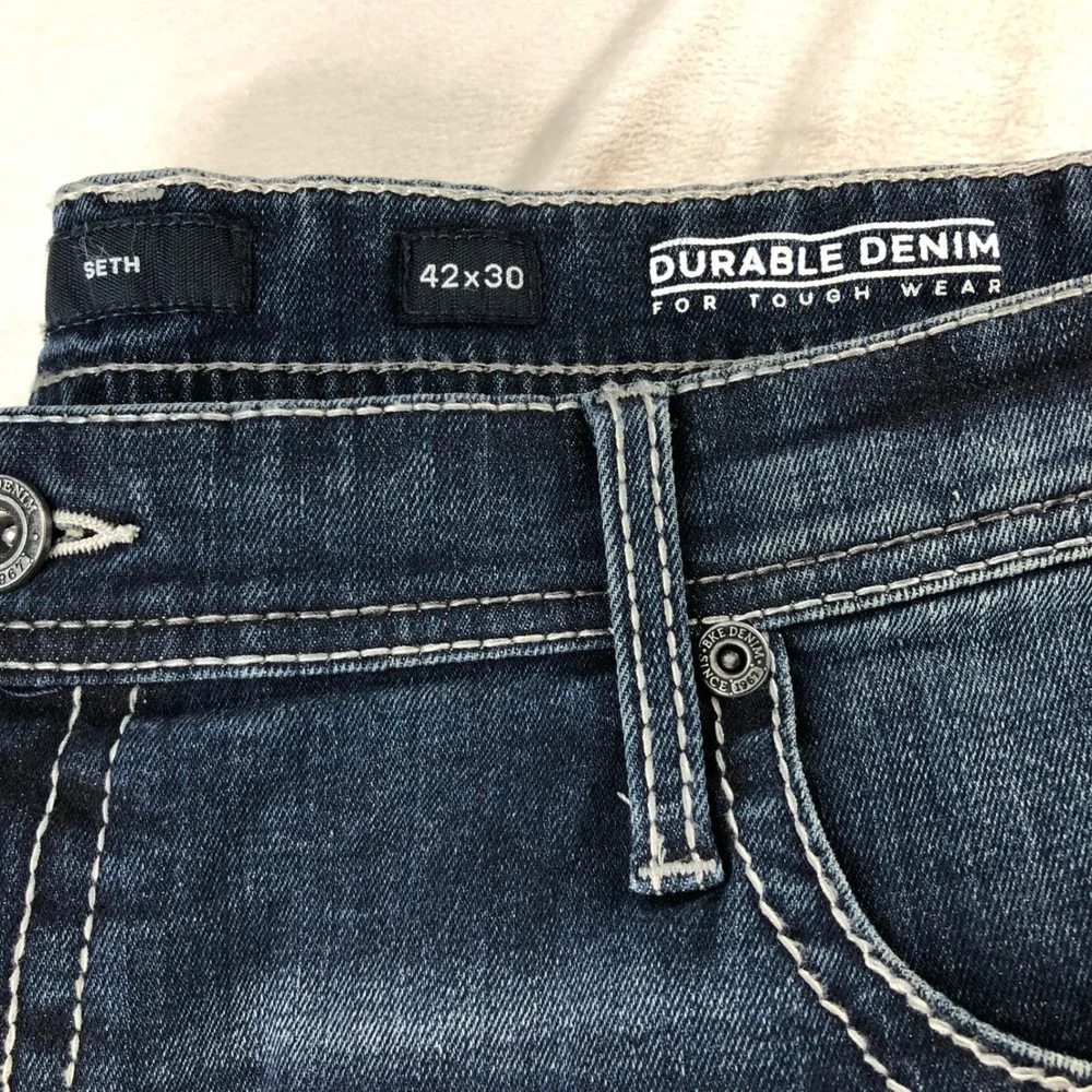 NEW BKE Seth Jeans Mens 42x30 Blue Straight Cone Denim Whiskering Stretch Preppy